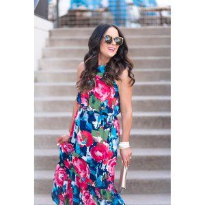 Living in Yellow X Gibson halter floral midi dress NEW